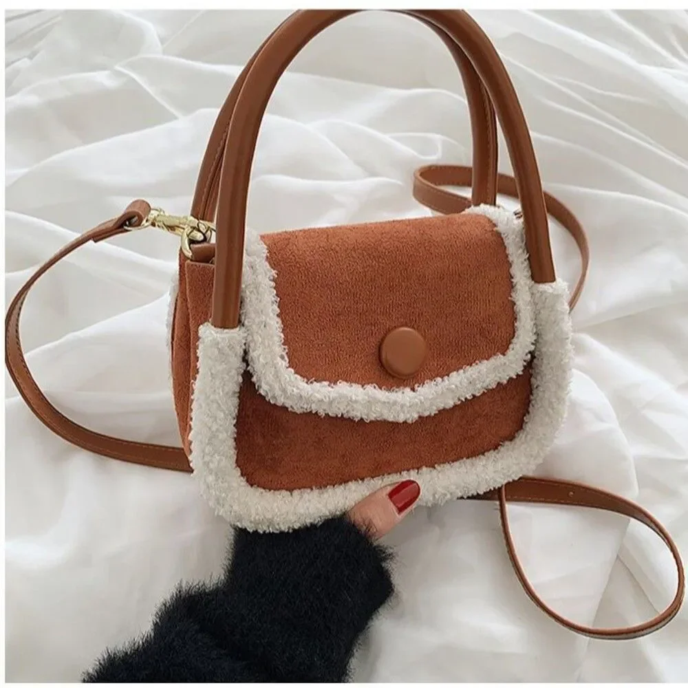 Women's Brown Suede Fur Accent Crossbody Satchel Bag Vintage Look Purse